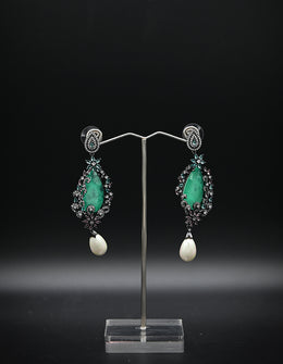 Elegant Emerald, Pavé, and Pearl Drop Earrings