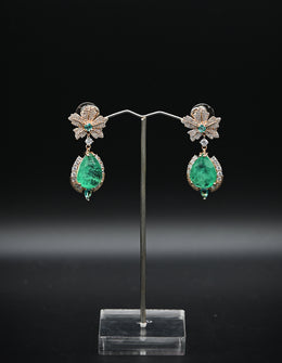 Elegant Floral Stud with Raw Emerald Drop Earrings
