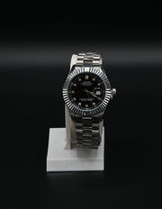 ROLEX-Luxury Stainless Steel Wristwatch – Black Dial with Diamond Hour Markers & Fluted Bezel