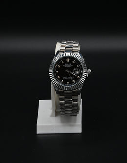 ROLEX-Luxury Stainless Steel Wristwatch – Black Dial with Diamond Hour Markers & Fluted Bezel