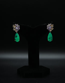 Raw Emerald Teardrop and Multi-Color Floral Stud Earrings